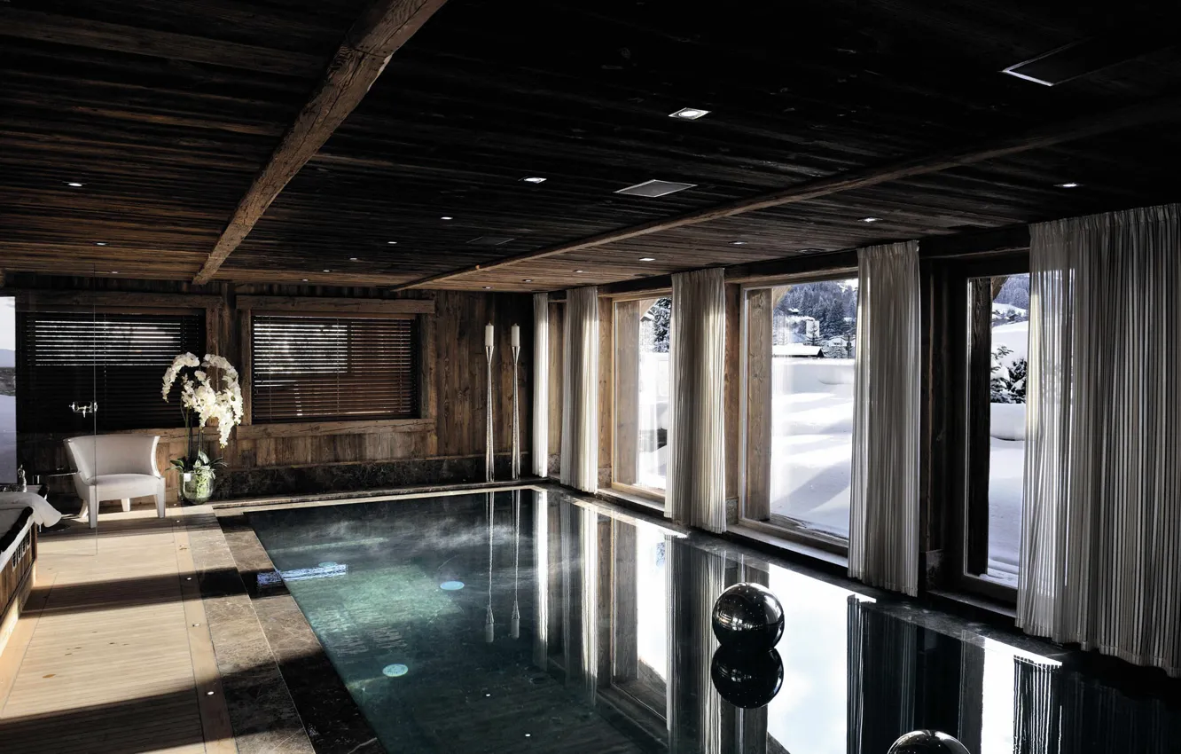 Photo wallpaper winter, snow, design, house, interior, pool