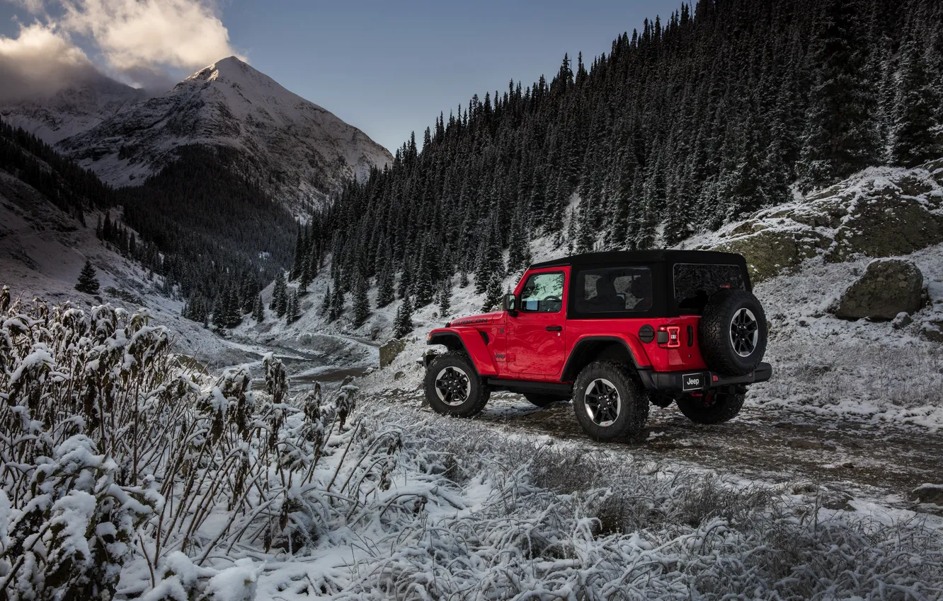Photo wallpaper snow, mountains, red, vegetation, 2018, Jeep, Wrangler Rubicon
