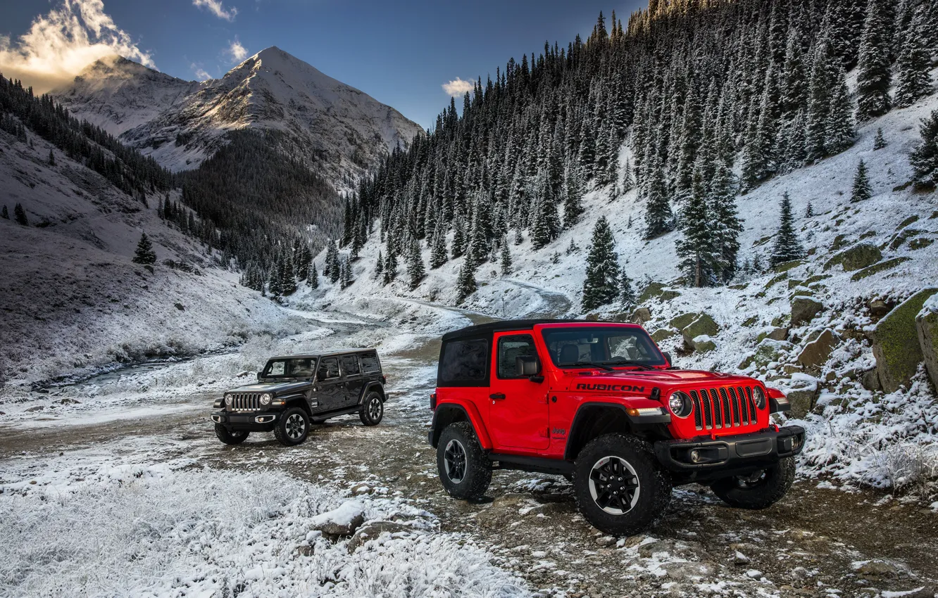 Photo wallpaper snow, mountains, red, 2018, Jeep, dark gray, Wrangler Rubicon, Wrangler Sahara