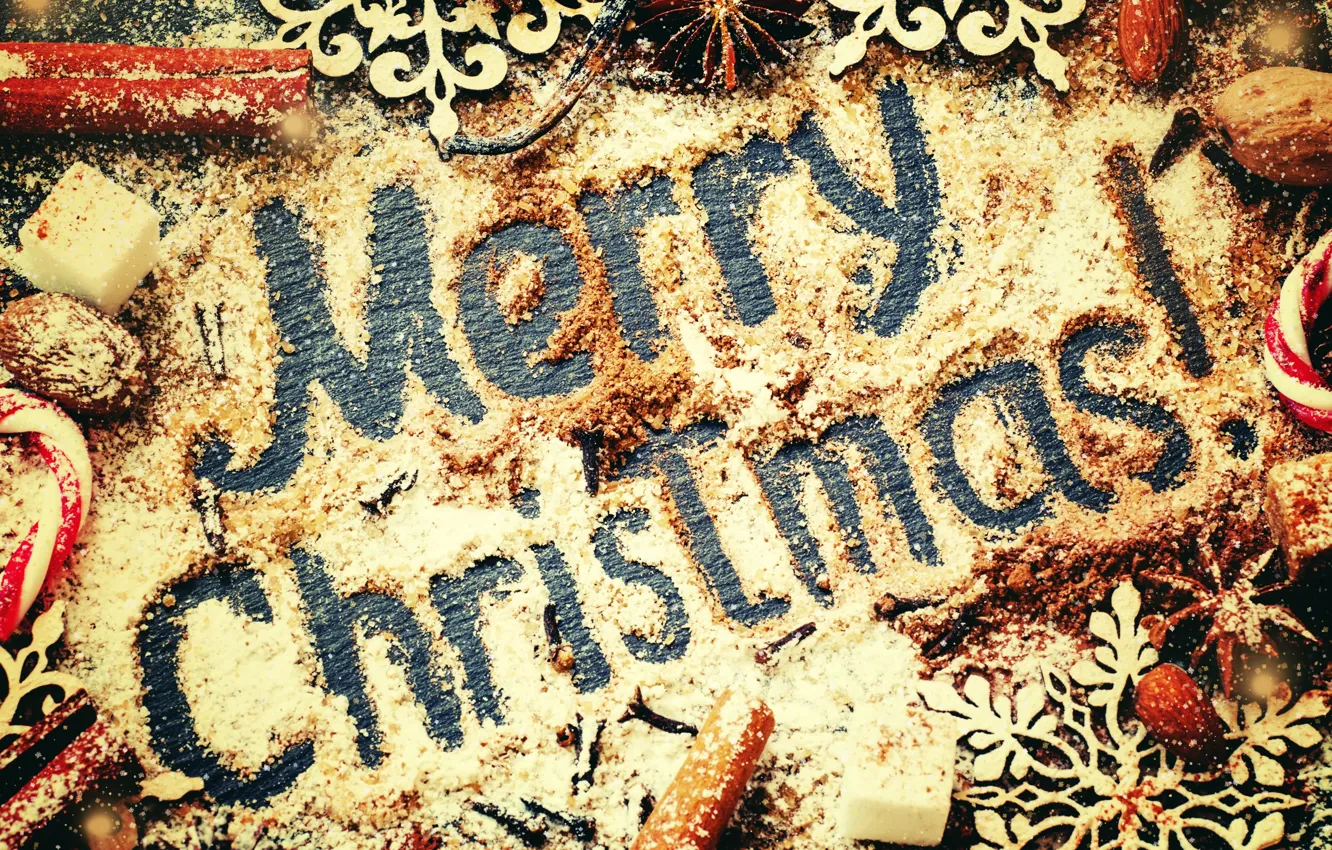 Photo wallpaper decoration, new year, Christmas, sugar, nuts, cinnamon, Christmas, wood