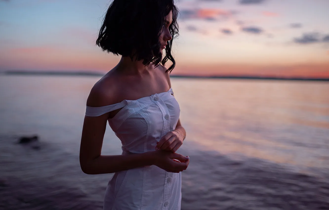 Photo wallpaper girl, sunset, pose, river, shoulders, sundress, Maxim Gontarev