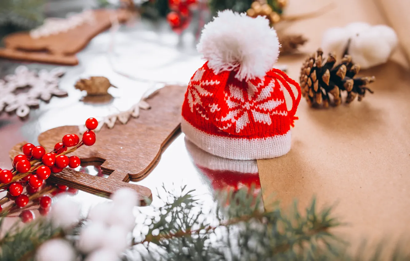 Photo wallpaper red, table, pattern, hat, new year, fruit, Christmas, cardboard