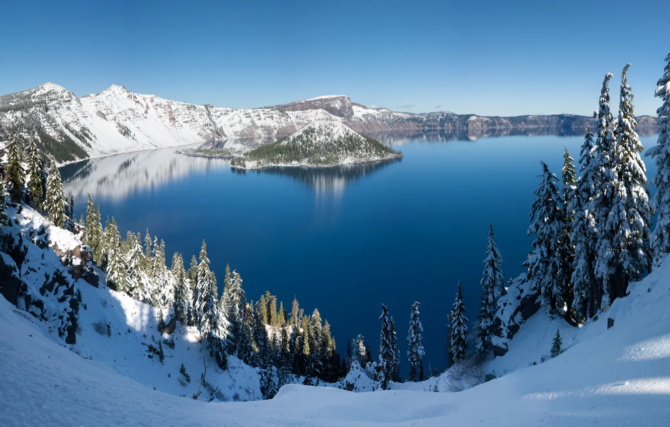 Photo wallpaper winter, panorama, USA, USA, Oregon, panorama, winter, Crater Lake