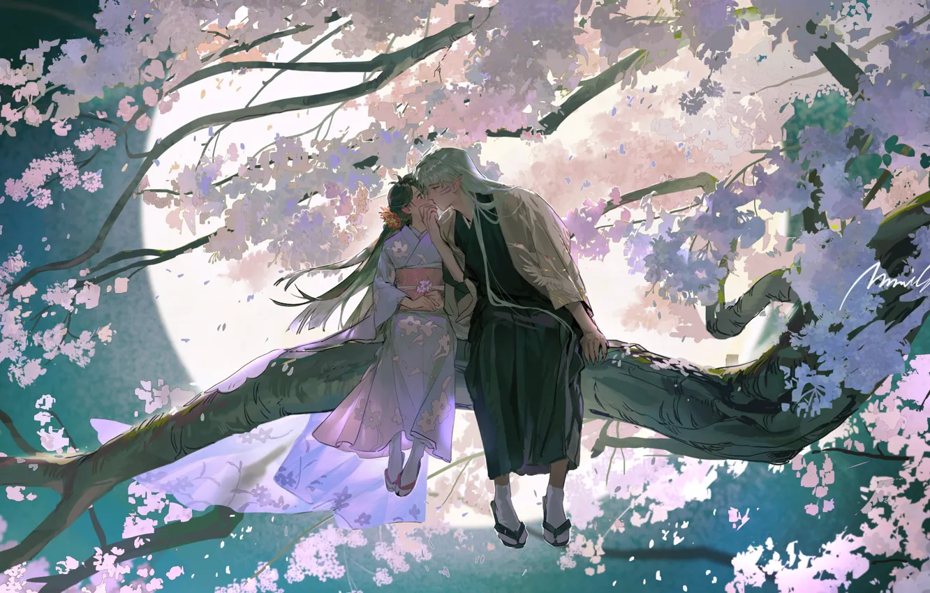Photo wallpaper romance, kimono, the full moon, Japanese clothing, on the branch, pocelui, geta, the guy with …