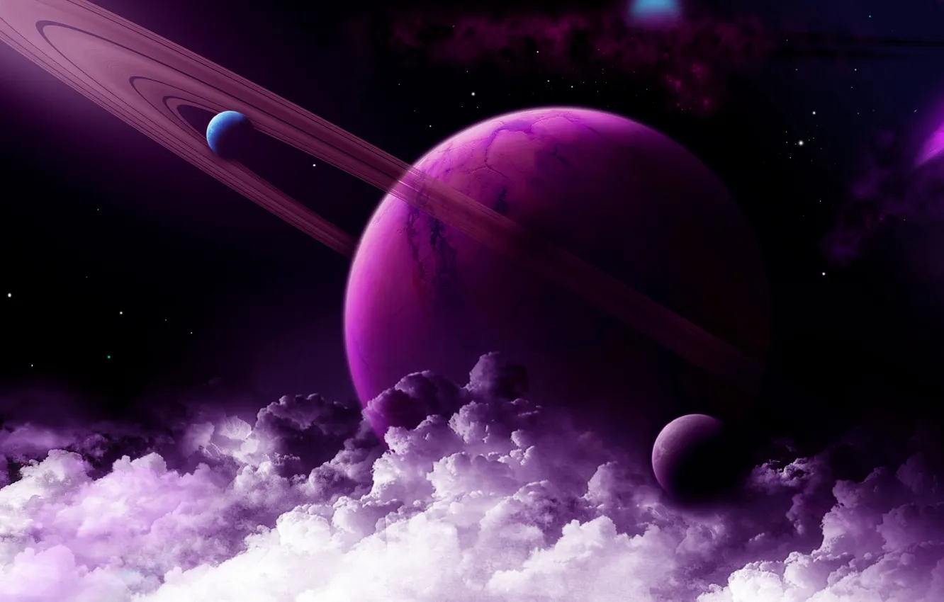 Photo wallpaper space, stars, clouds, planet, satellite, belt