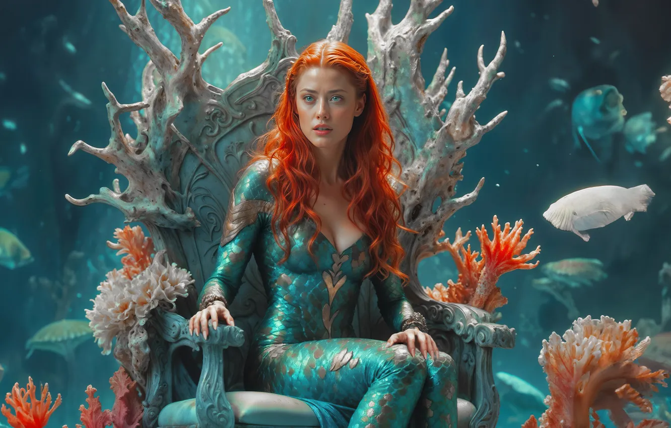 Photo wallpaper under water, superhero, characters, DC Comics, red-haired beauty, Queen Mera, Sitting on the throne, The …