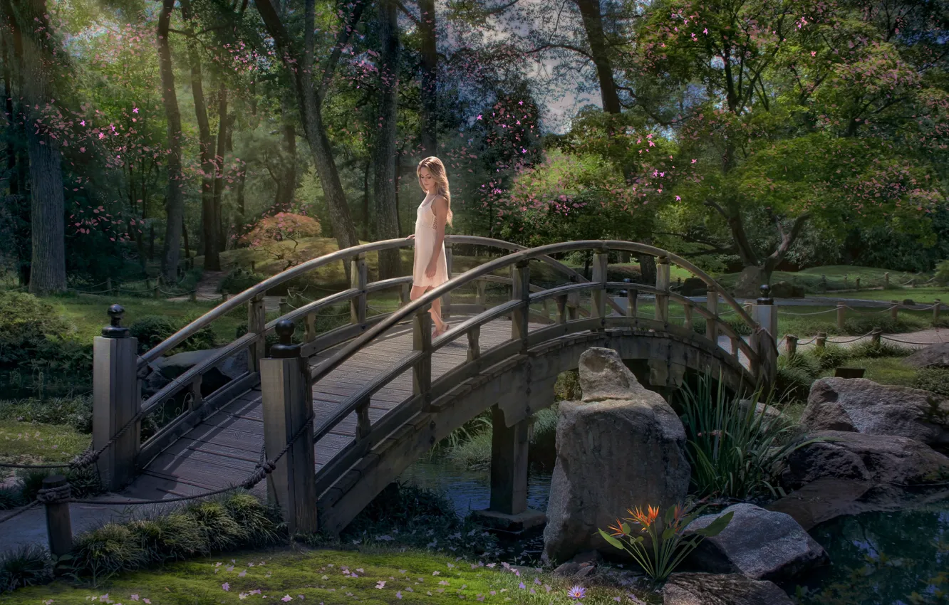 Photo wallpaper flowers, Park, art, freshness, greens, mood, branches, dress