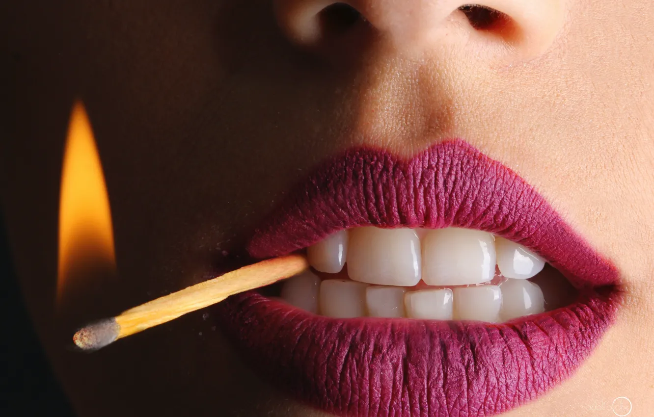 Photo wallpaper teeth, lipstick, lips, lips, nostrils, teeth, lipstick, burning match