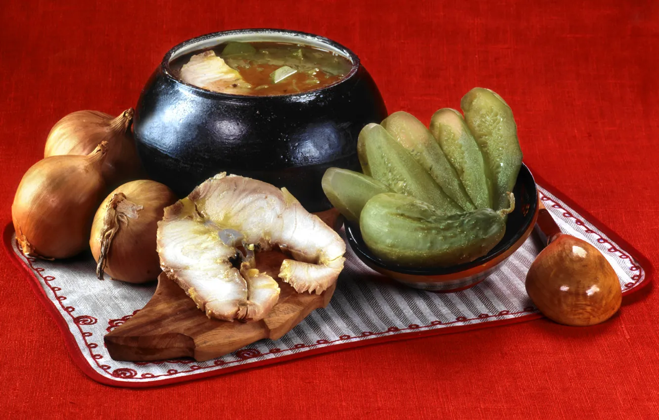 Photo wallpaper fish, bow, spoon, cucumbers, pot, fish stew