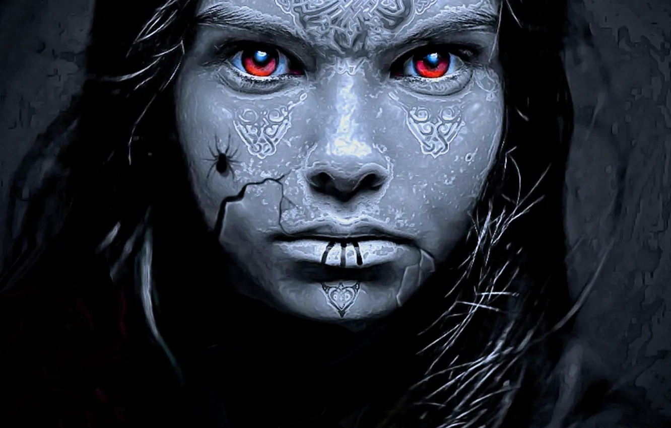 Photo wallpaper look, face, spider, tattoo, Witch, red eyes, the curse