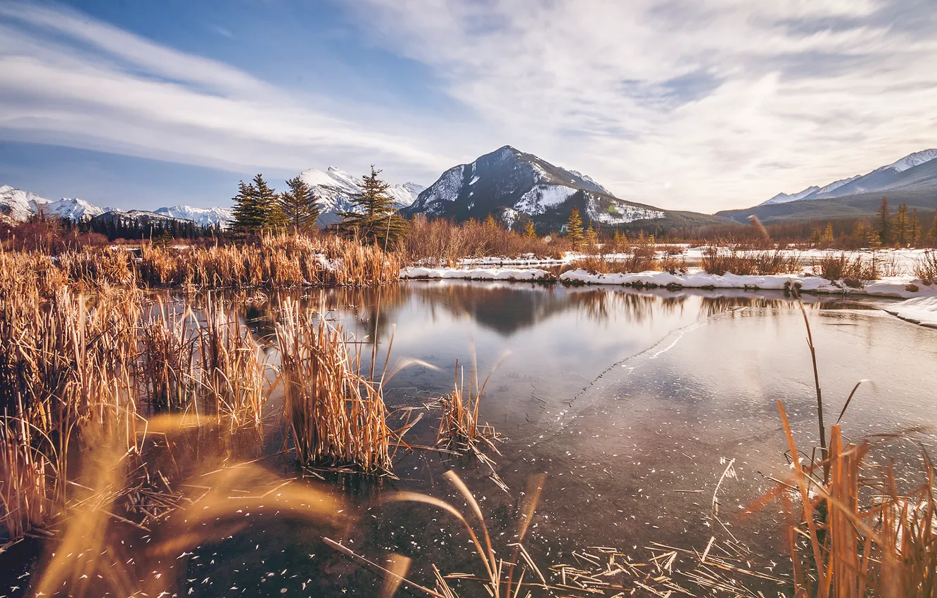 Photo wallpaper ice, Alberta, winter, mountain, lake, snow, canada, Banff