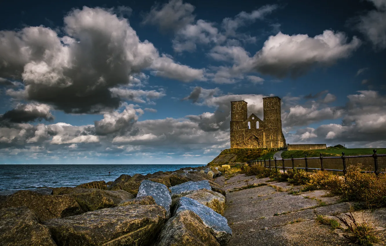Photo wallpaper sea, clouds, old, blue, stones, castle, shore, tower