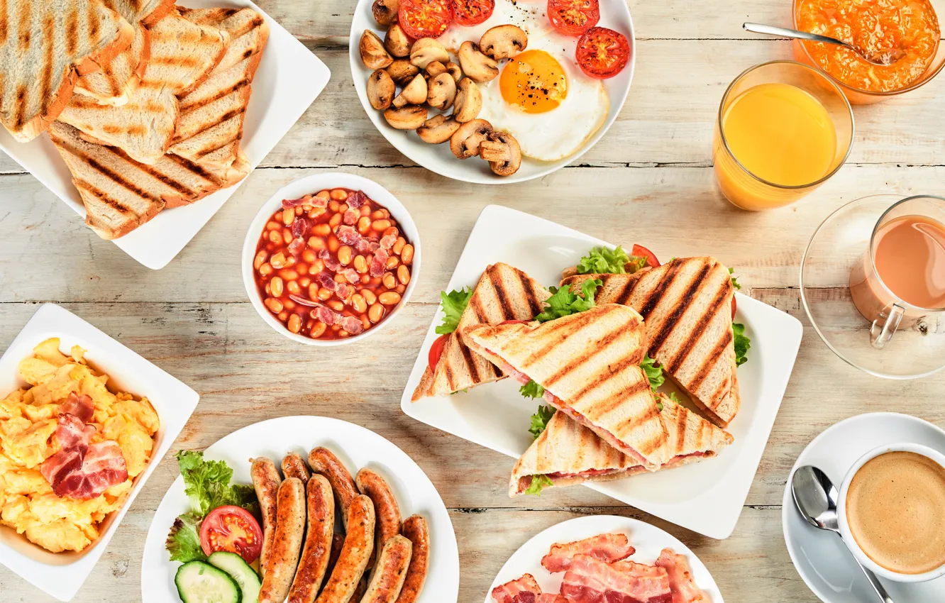 Photo wallpaper sausage, coffee, Breakfast, juice, scrambled eggs, sandwich, bacon