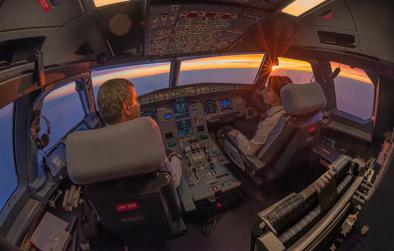 Photo wallpaper dawn, cabin, pilots, Airbus