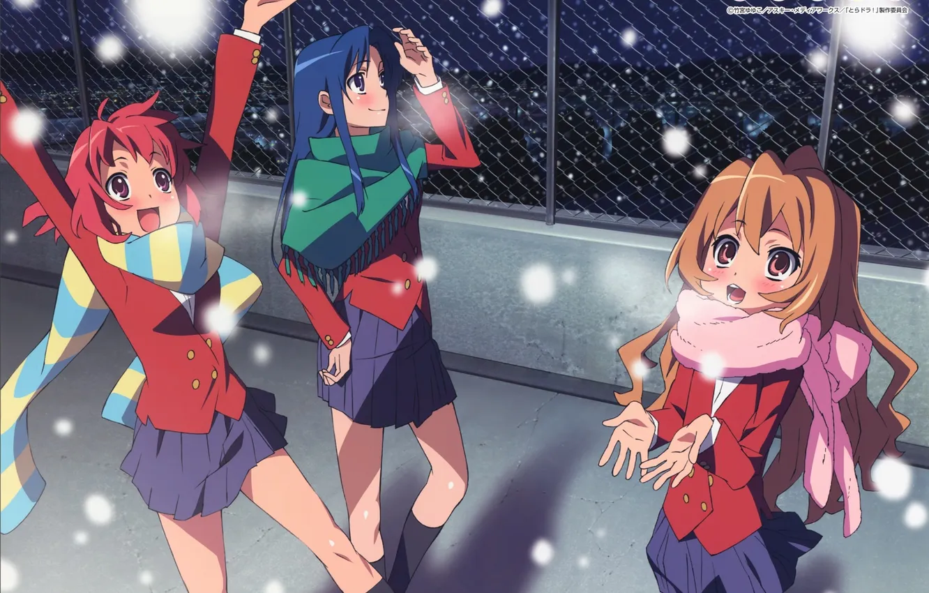 Photo wallpaper roof, girl, snow, joy, mesh, anime, scarf, school uniform