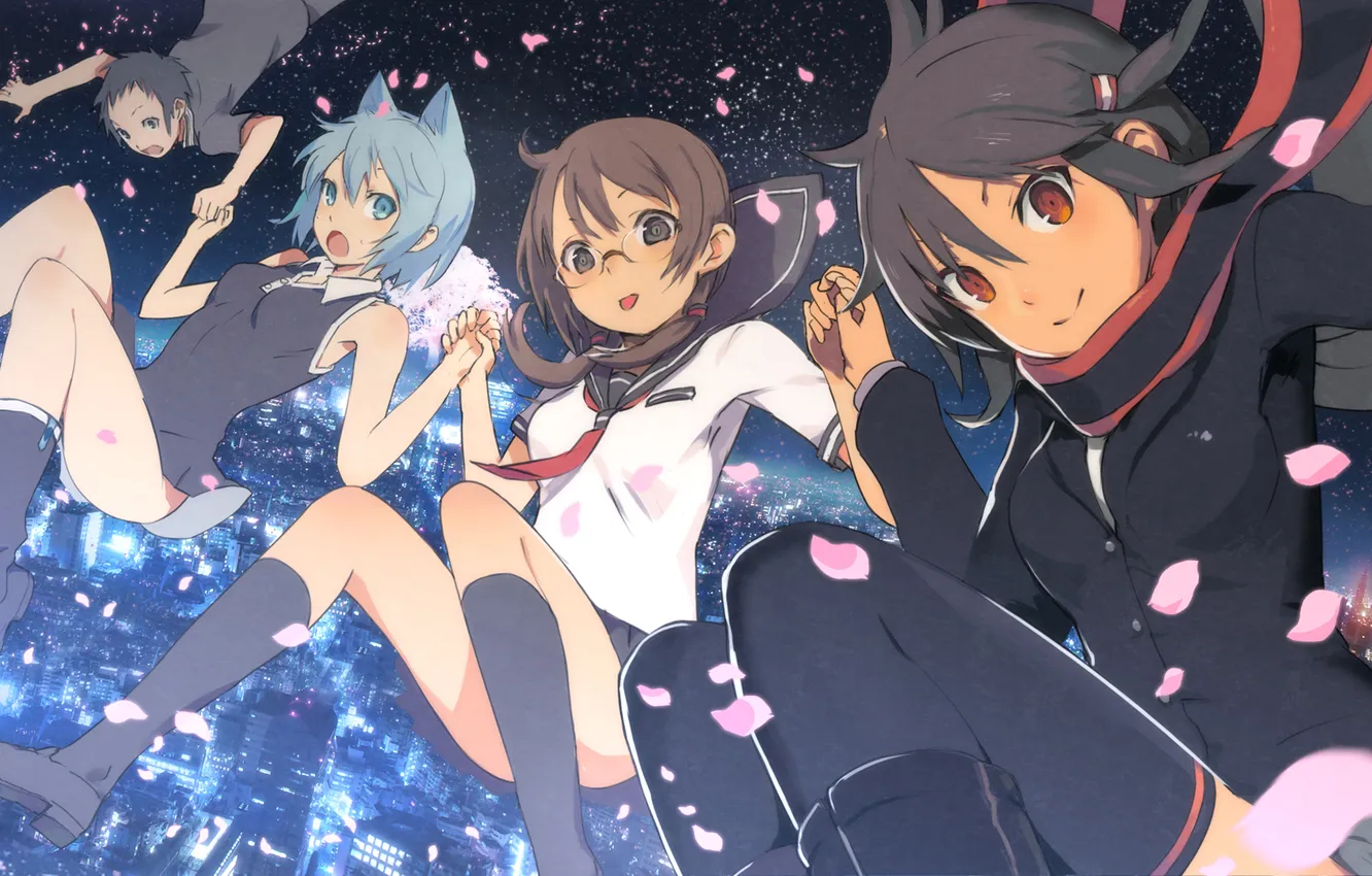 Photo wallpaper the sky, girl, stars, night, the city, lights, anime, petals