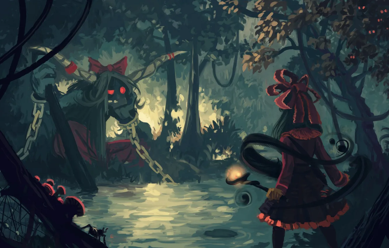 Photo wallpaper water, girl, monster, anime, art, chain, horns, bow