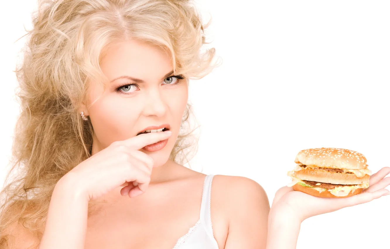 Photo wallpaper girl, hair, blonde, hamburger