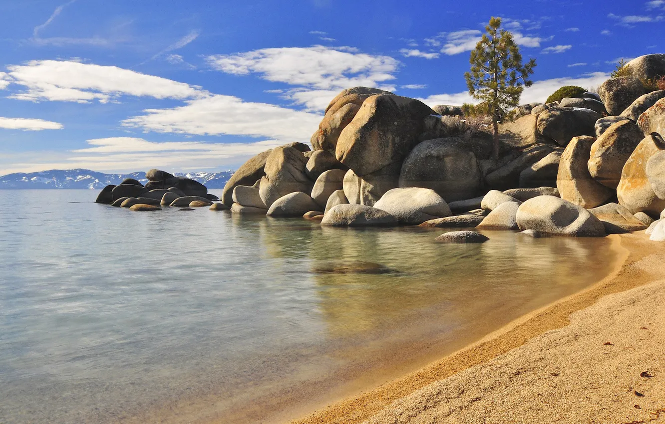 Photo wallpaper the sky, clouds, lake, stones, boulders, Tahoe