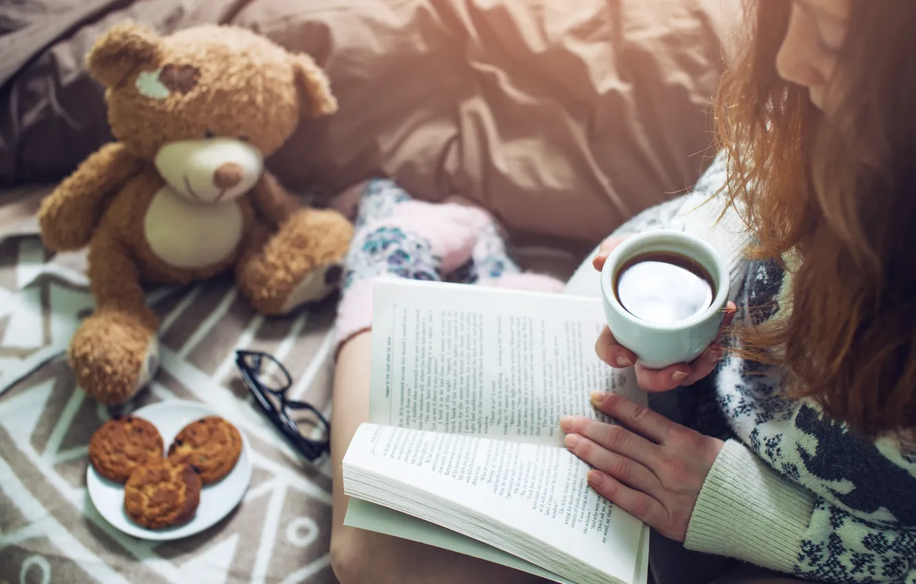 Photo wallpaper girl, coffee, cookies, Girl, Cup, bed, book, book