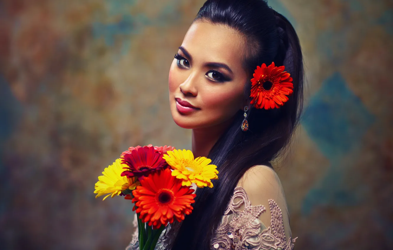 Photo wallpaper decoration, flowers, background, portrait, bouquet, makeup, brunette, hairstyle