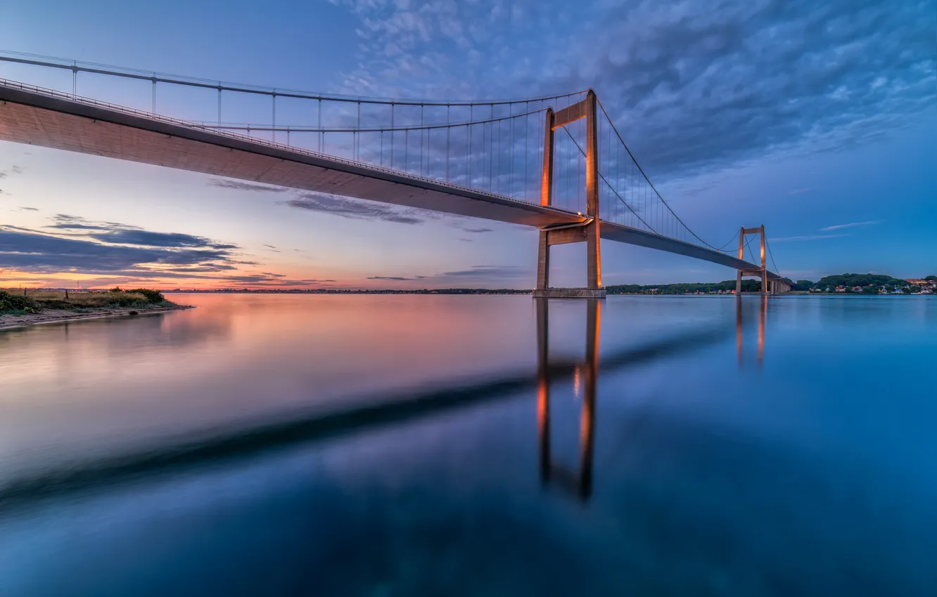 Photo wallpaper the sky, clouds, sunset, bridge, Strait, reflection, the evening, Denmark