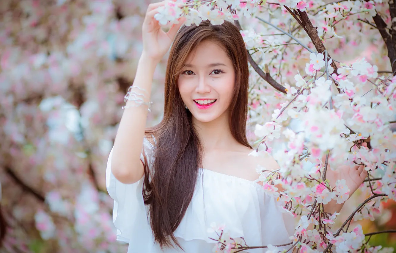 Photo wallpaper look, girl, smile, hair, Asian