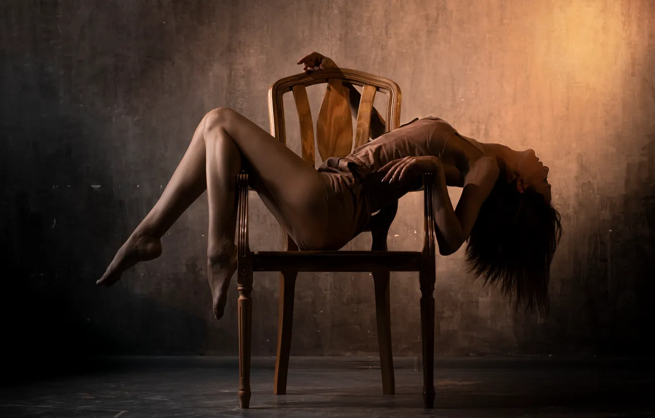 Photo wallpaper Girl, Pose, In the studio, On a chair