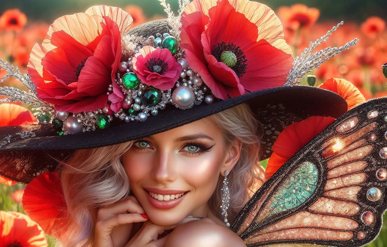 Photo wallpaper girl, Maki, wings, hat, fairy, the wings of a butterfly