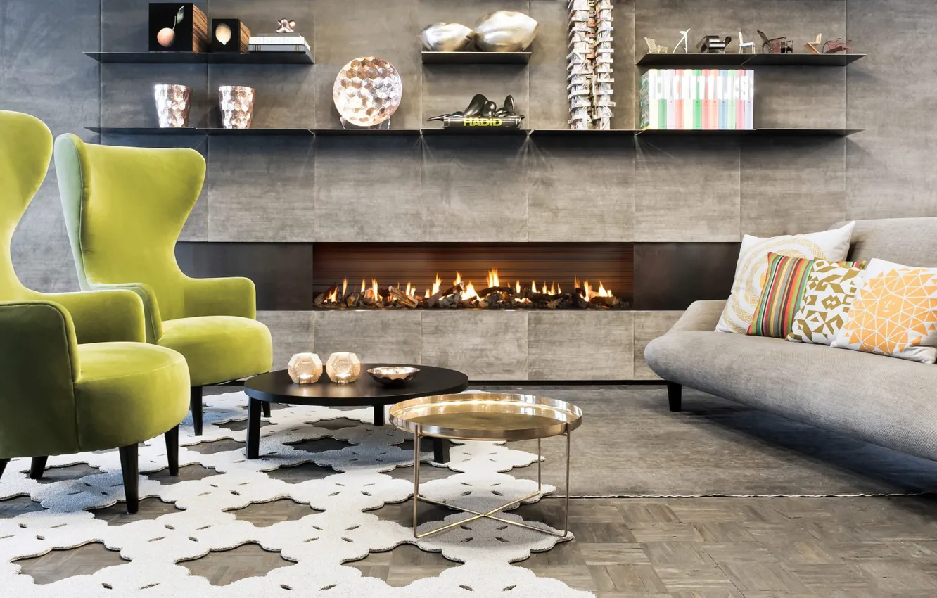 Photo wallpaper interior, chair, fireplace, living room