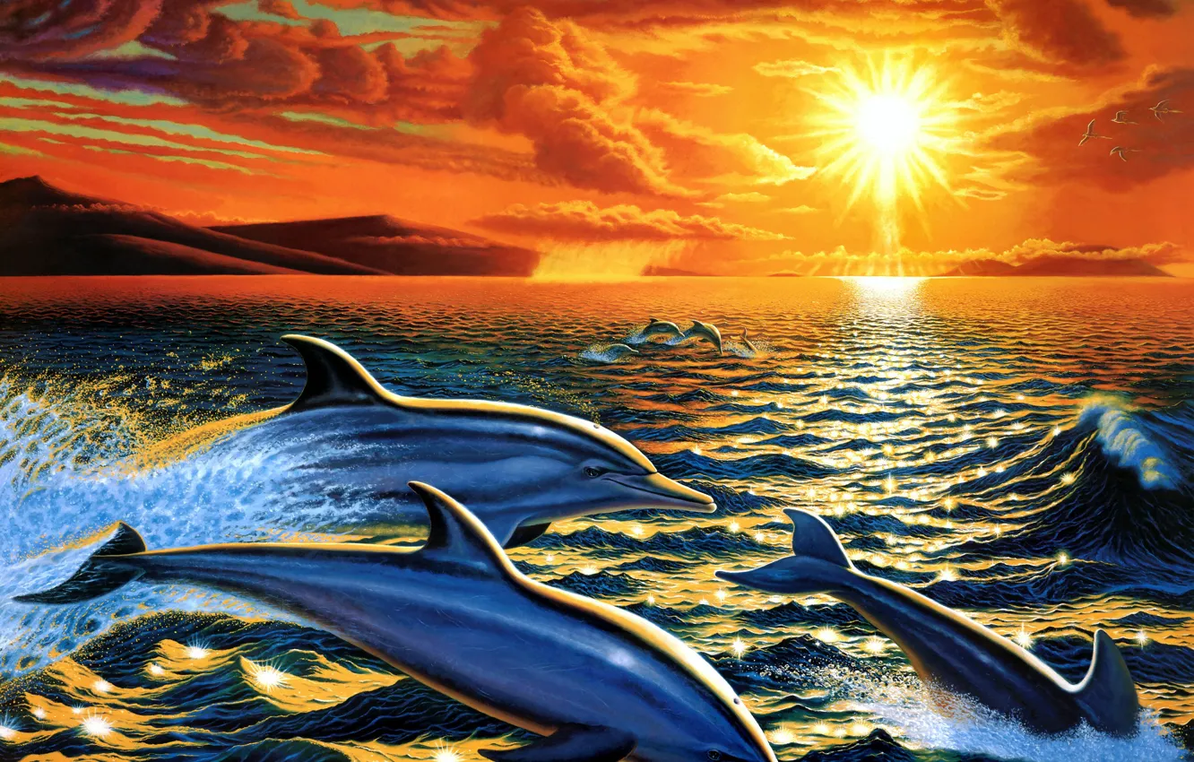 Photo wallpaper sea, wave, the sky, the sun, clouds, light, sunset, mountains