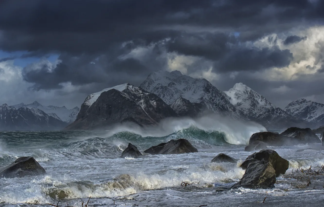 Photo wallpaper sea, wave, mountains, storm, stones, Norway, Norway, The Lofoten Islands