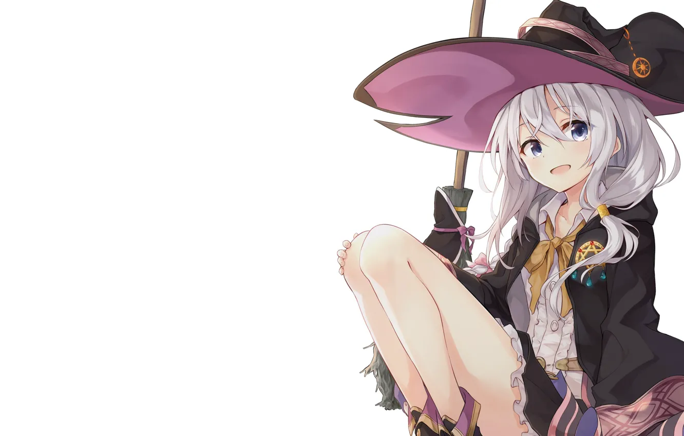 Photo wallpaper look, girl, hat, white background, sitting, The Journey of Elaina, Majo no Tabitabi