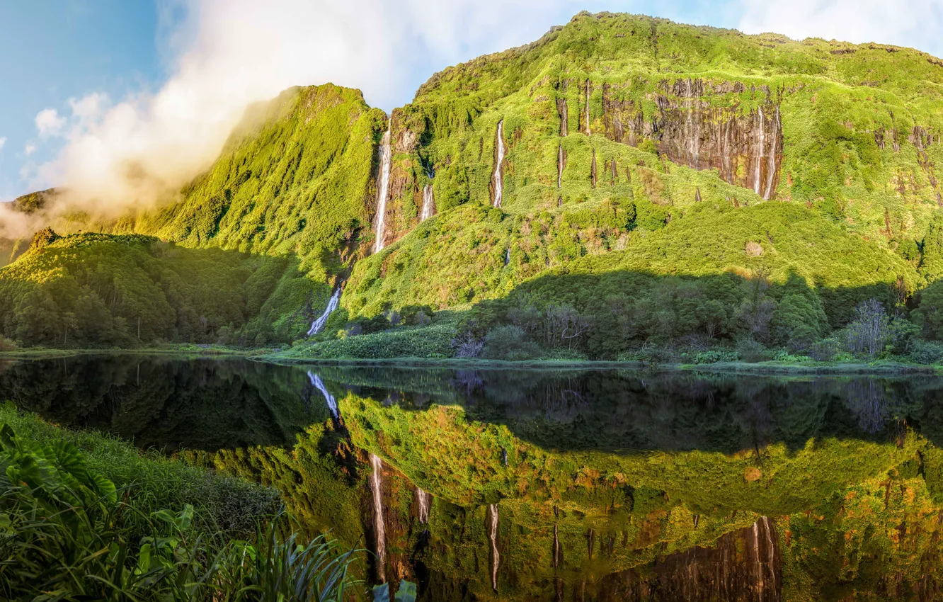 Photo wallpaper water, clouds, trees, mountains, lake, reflection, rocks, waterfall