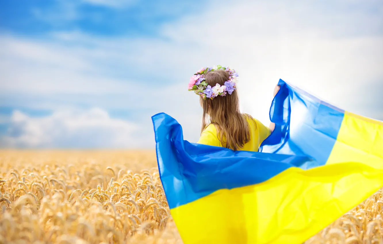 Photo wallpaper Field, Flag, Child, Girl, Wheat, Ukraine, Back