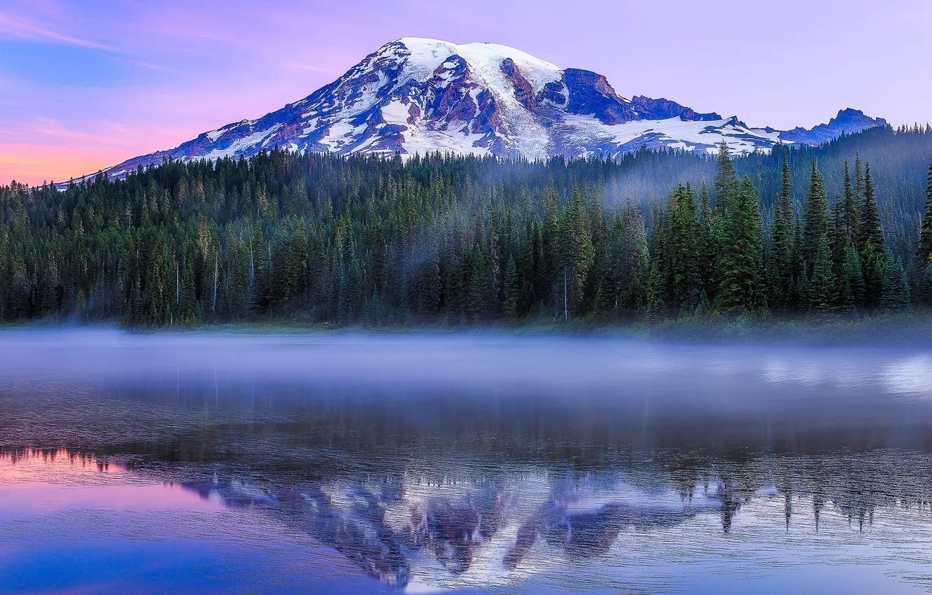 Photo wallpaper forest, Paradise, lake, reflection, mountain, morning, Washington, Washington