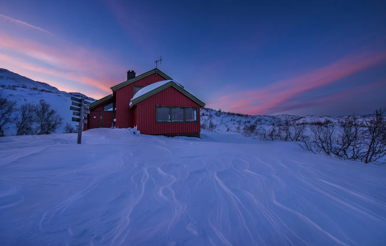 Photo wallpaper winter, the sky, snow, house, Norway, the bushes, Norway, Vest-Agder