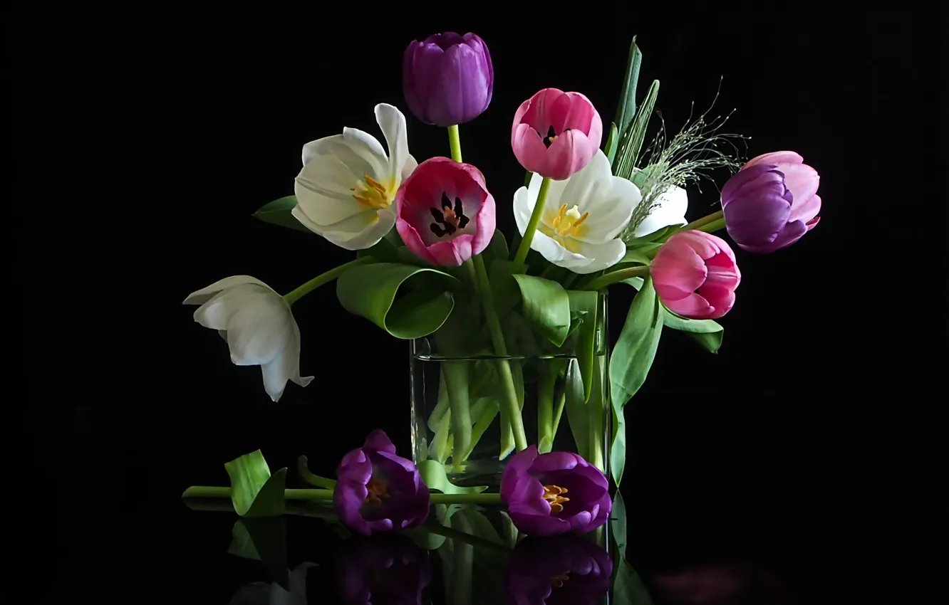 Photo wallpaper flowers, bouquet, tulips, vase, black background