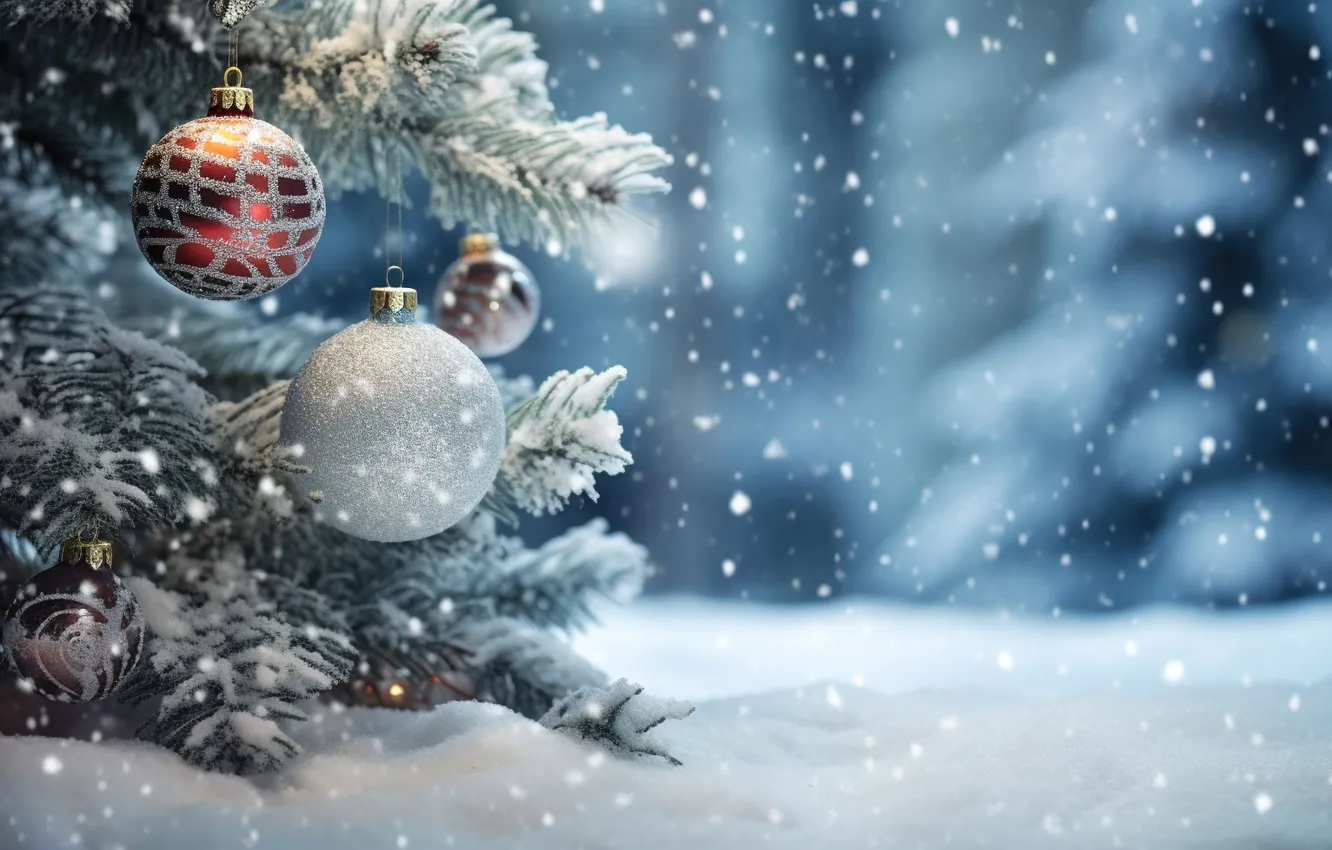 Wallpaper winter, snow, decoration, balls, tree, New Year, Christmas ...