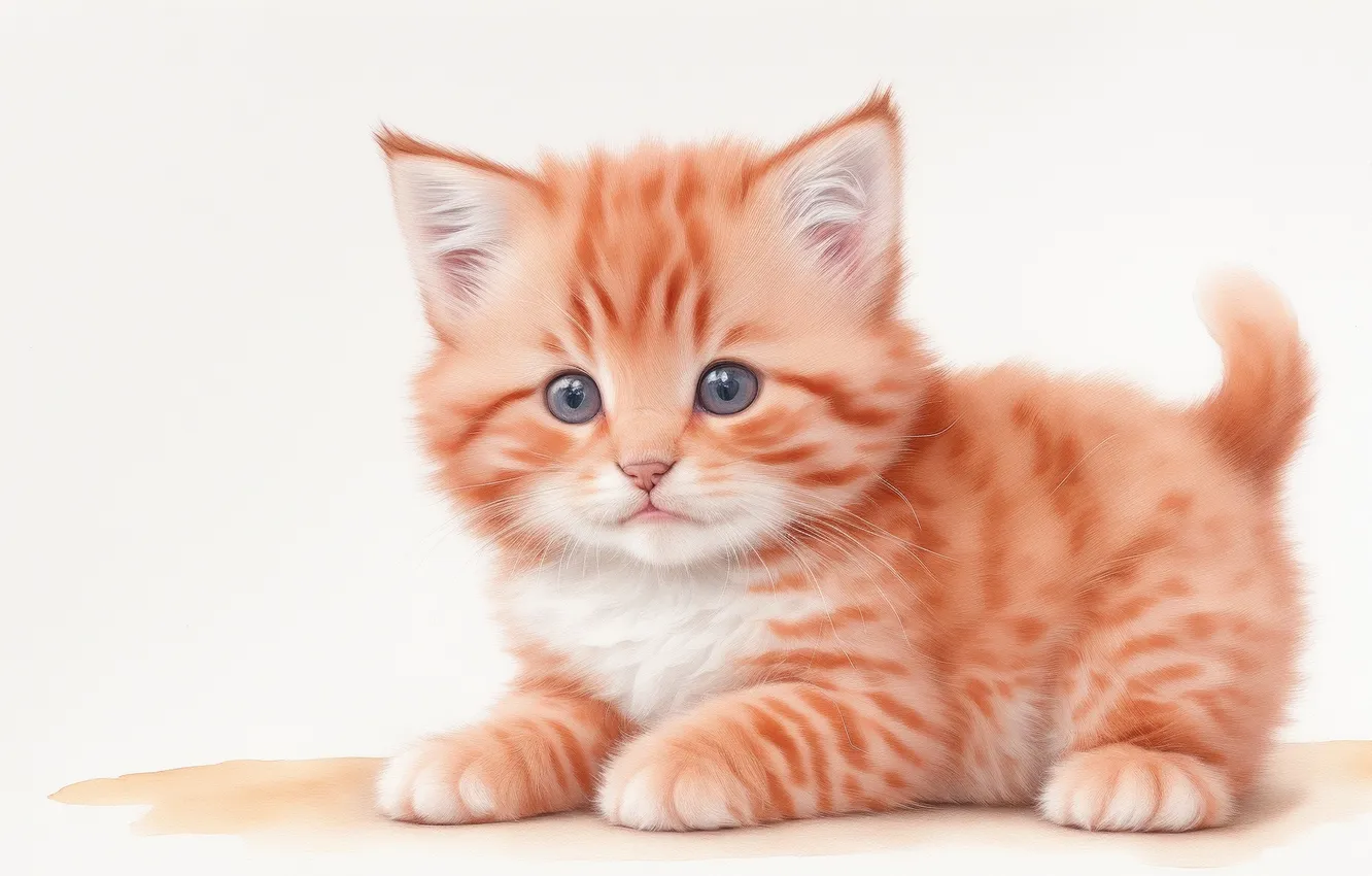 Photo wallpaper cat, cat, figure, fluffy, watercolor, red, red, kitty