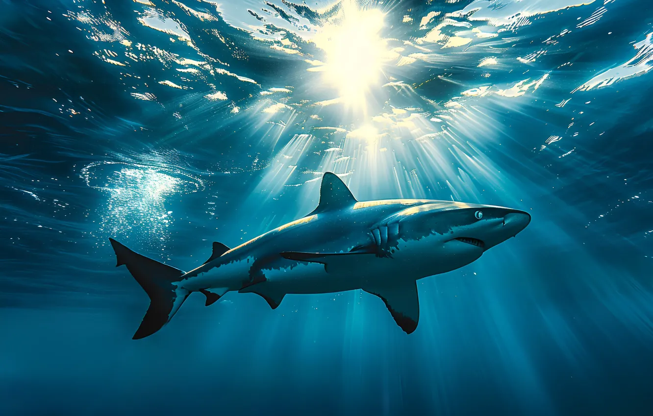Photo wallpaper predator, shark, underwater world, the rays of the sun, digital art, AI art, The Art …