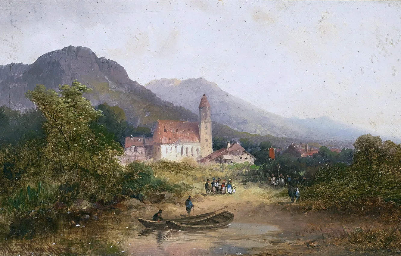 Photo wallpaper Home, Trees, People, Picture, German painter, Anton Doll, Anton Doll, Procession on the river bank