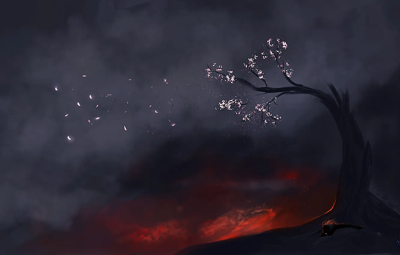 Photo wallpaper cat, cat, trees, smoke, Sakura, art, lava