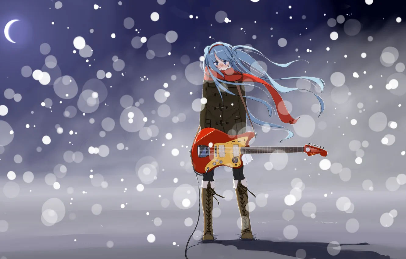 Photo wallpaper winter, girl, snow, guitar, a month, art, pair, vocaloid