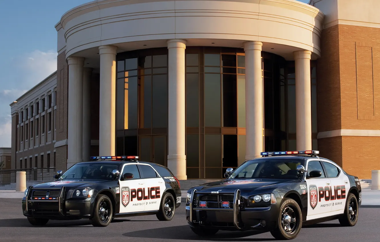 Photo wallpaper building, police, columns, Dodge, sedan, Dodge, Charger, and