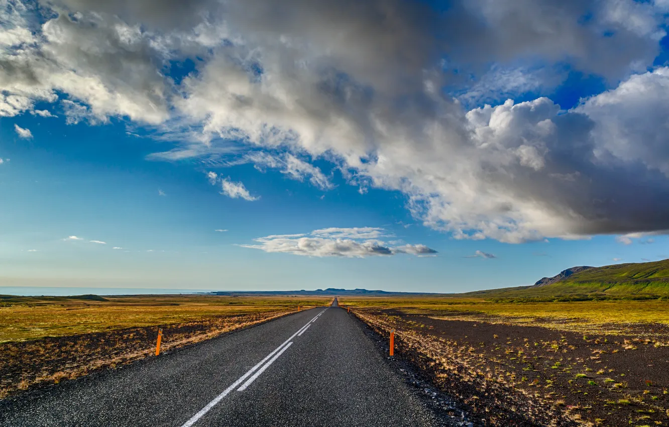 Photo wallpaper road, the sky, clouds, mountains, horizon