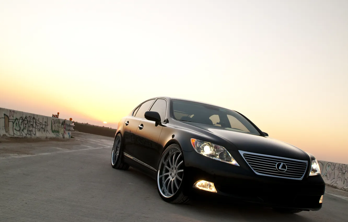 Photo wallpaper road, the sky, the sun, sunset, black, Lexus, black, Lexus