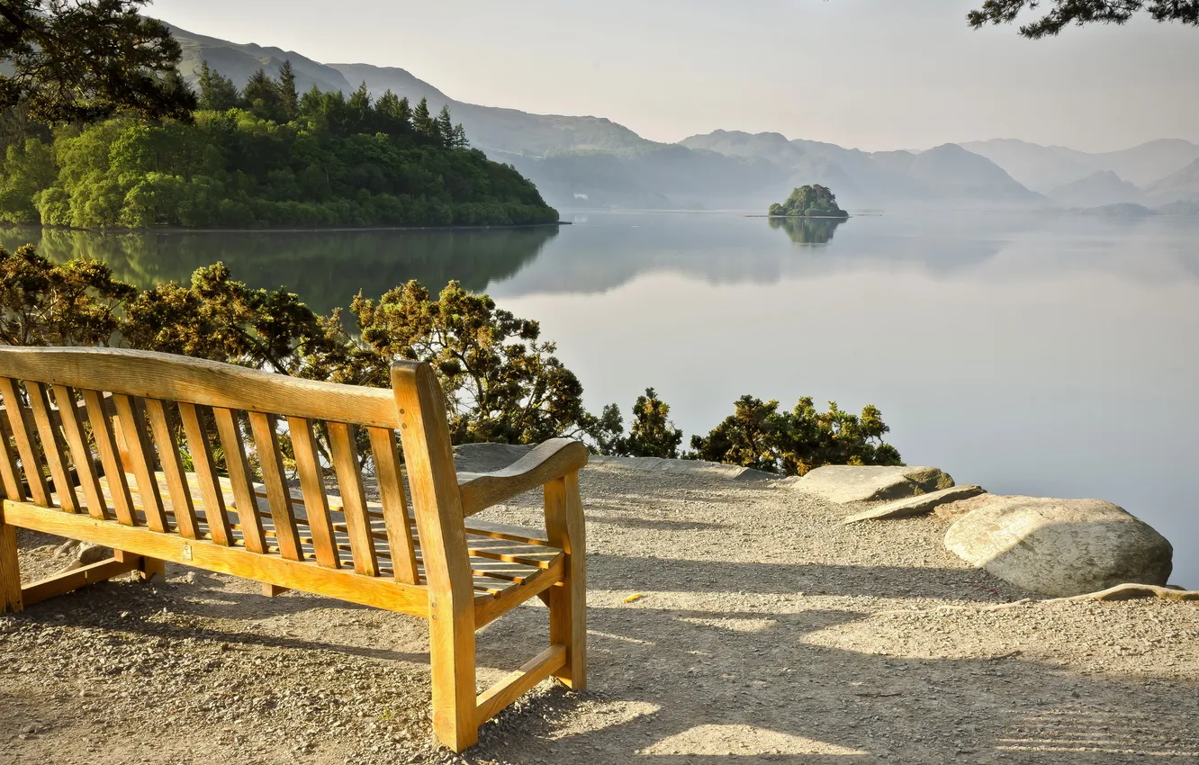 Photo wallpaper landscape, lake, bench