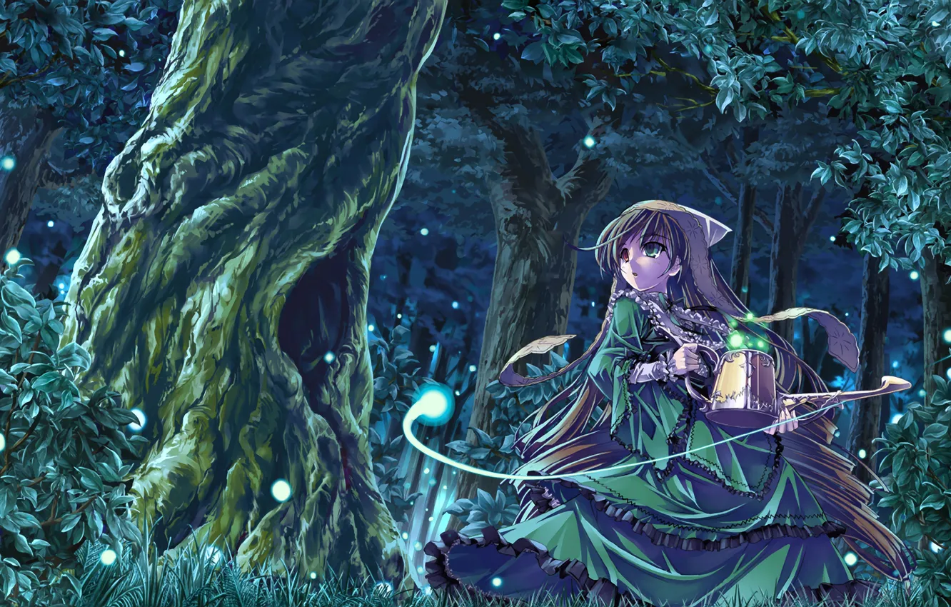 Photo wallpaper forest, girl, night, lights, lights, rozen maiden, suiseiseki