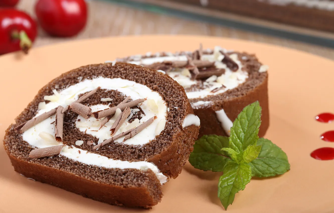 Photo wallpaper berries, chocolate, mint, cream, dessert, sweet, roll